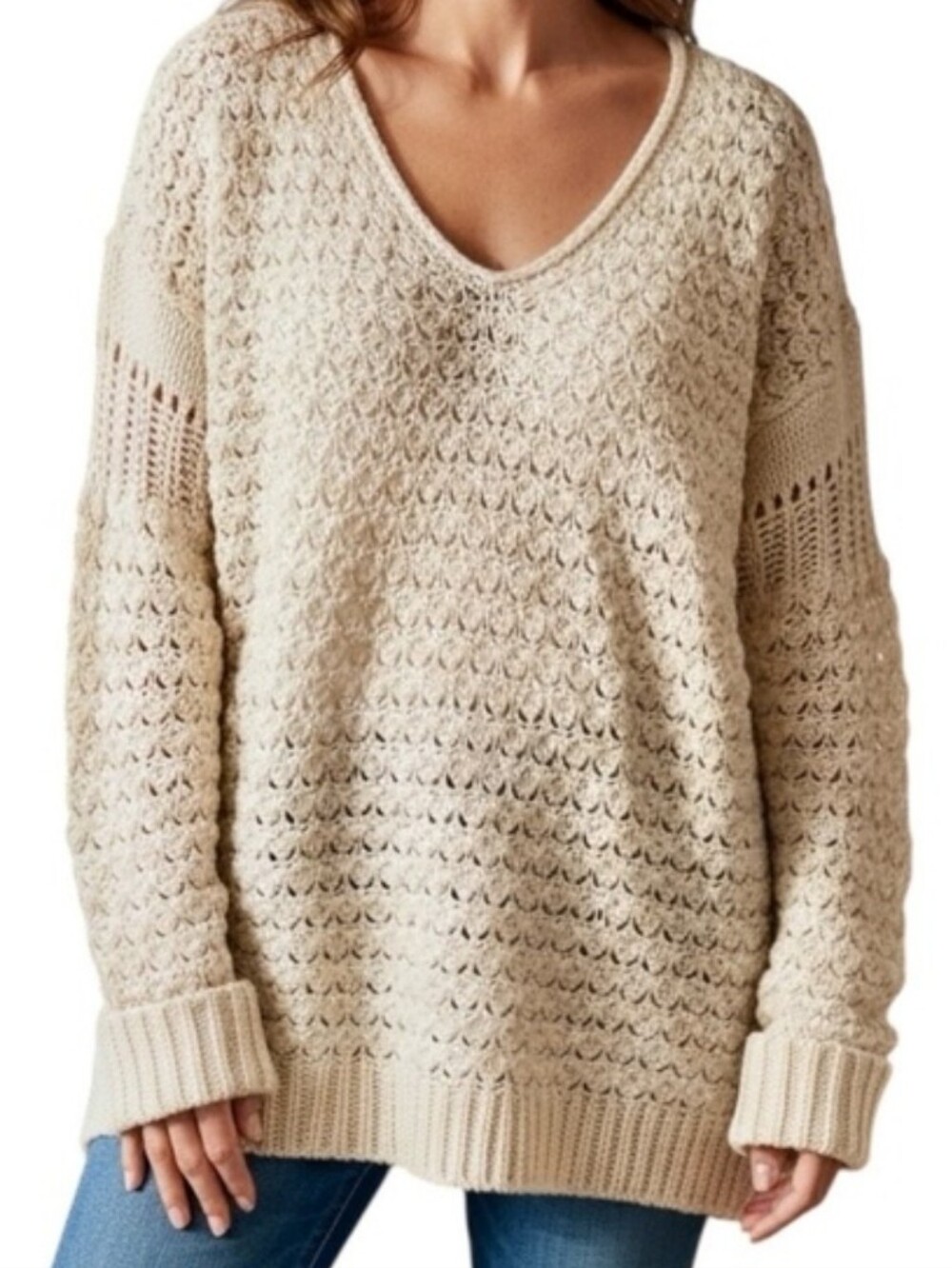Free People Crashing Waves Pullover Sweater Wool Blend Cream Boho Size L